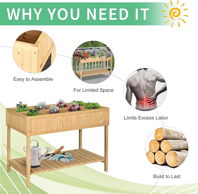 43x18x30in Raised Garden Bed with 8 Pockets and Shelf Wooden Elevated Planter Box with Legs to Grow Herbs Vegetables and Flowers Natural