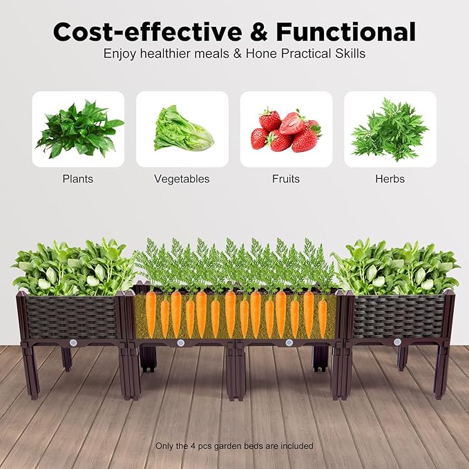 PP Raised Garden Bed with Legs 4 Large Capacity Elevated Planter Box 15.35 * 15.35 * 14.96in Splice Outdoor Garden Planter for Small Patios Decks Balconies and Apartments