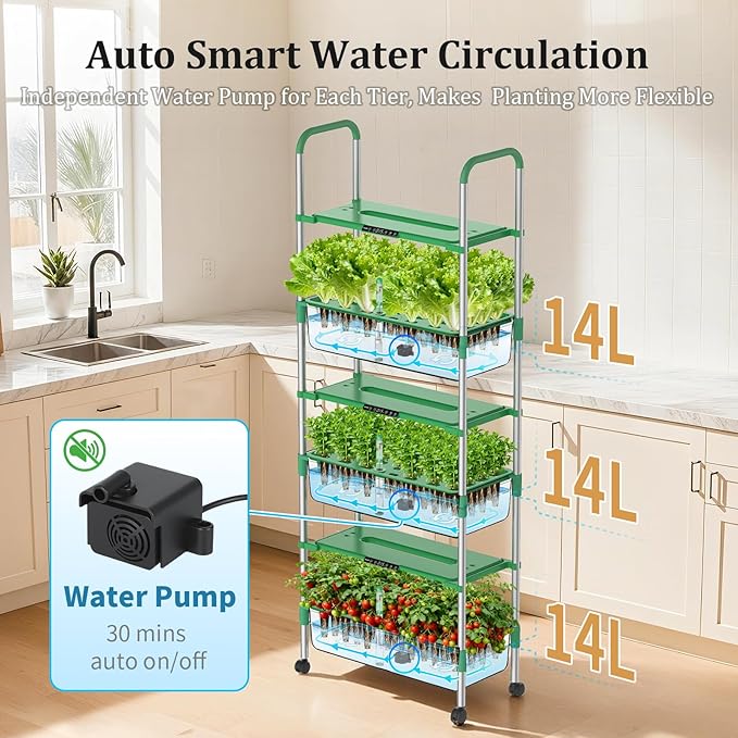 Hydroponics Growing System Kit 81 Pods Vertical Indoor Herb Garden with Smart LED Grow Light Auto Circulating Water Pump Each Tier 42L Hydroponic Gardening Systems for Ideal Gifts (Green)