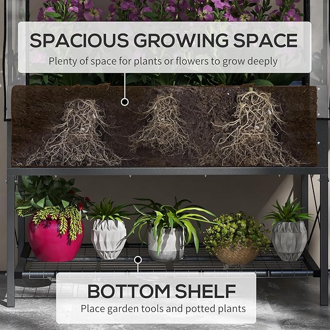 Metal Elevated Planter BoxRaised Garden Bed with Legs and Coverwith Bottom Shelf and Liner for Vegetables