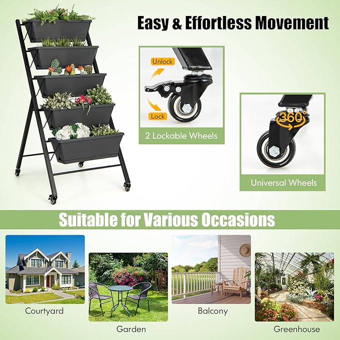 Vertical Garden Bed with Wheels 5 Tier Raised Garden Bed w/Removable Planter Boxes Lockable Wheels Drainage Holes Rolling Vertical Planter for Herb Vegetable Flower Outdoor Patio Balcony