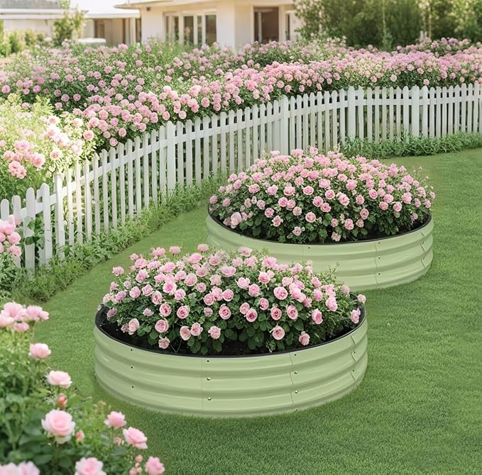 Raised Garden Bed Kit 4x4x1 ft Round Galvanized Planter Box Outdoor with Safety Edging Large Metal Raised Beds for Gardening Vegetables Flower Fruits (Avocado Green)