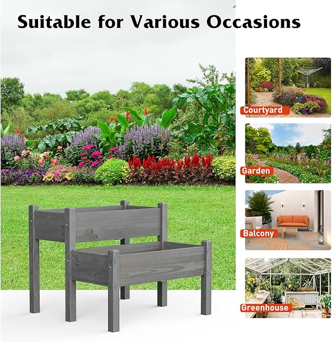 S AFSTAR Raised Garden Bed Set of 2 Wood Elevated Planter Beds with 8 Drainage Holes &amp 2 Planter Boxes 3.5 Cu.Ft Outdoor Planting Container for Flowers Vegetables Herbs