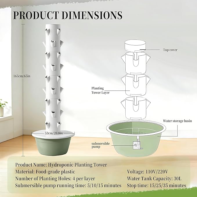 Hydroponics Growing Kits Indoor Vertical Growing Soilless Cultivation Grow Tower Intelligent Water Circulation with Water Tank and Pump for Fruits and Vegetables Nolights-9Layer