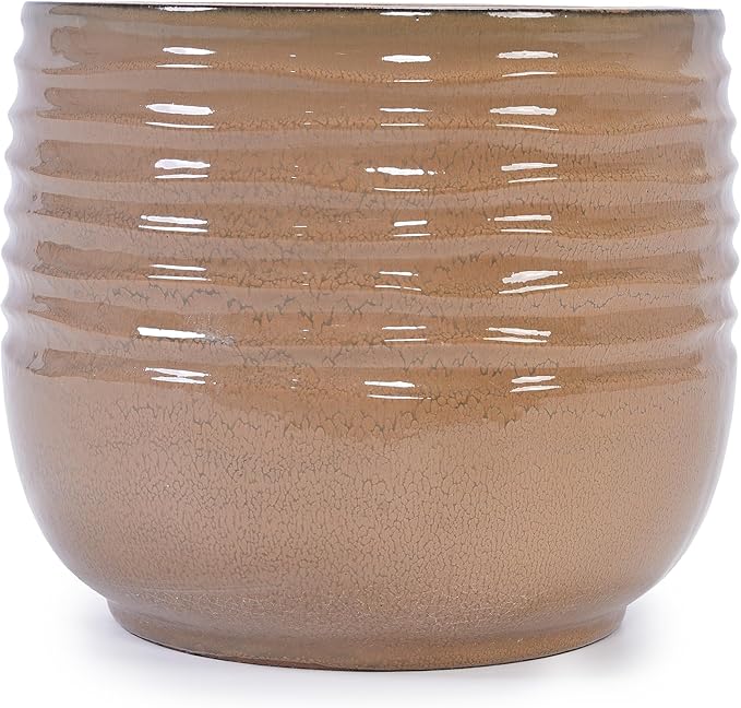 Handmade Glazed Ceramic Planter Set of 3 15118 Inch Diameter Horizontal Ribbed Texture for Succulents Cacti Outdoor Indoor Staircase Use Breathable Clay with Drainage Holes Beige