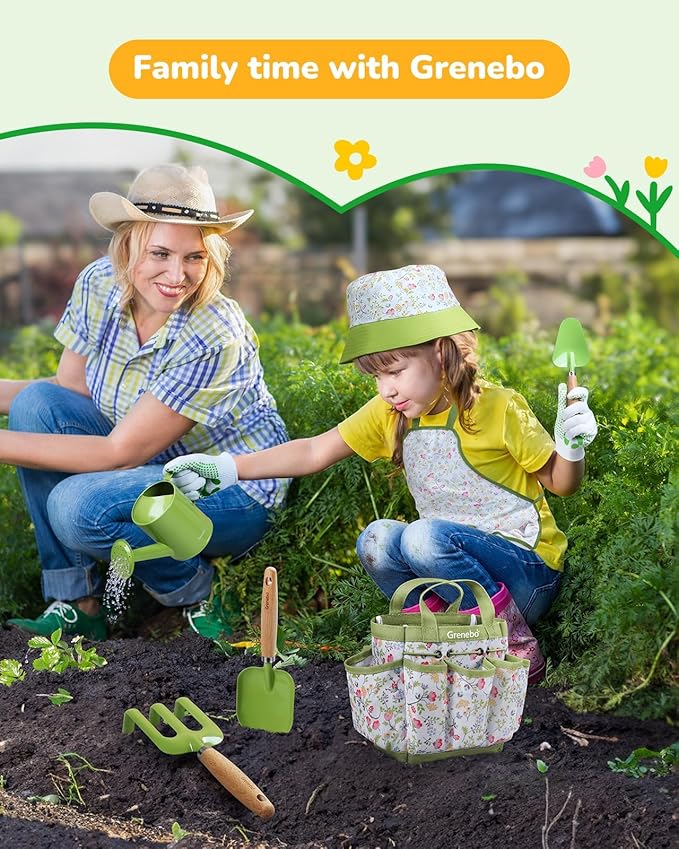 Kids Gardening Set Toys Quality Garden Tool Kit for Kids and Toddlers Includes Two Shovels Garden hatRake ApronGloves Watering Can and Tool Bag (Green)