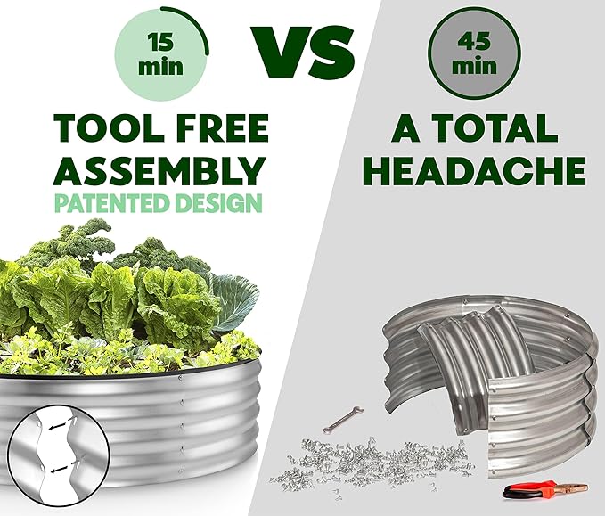 Round Galvanized Raised Garden Bed // 4×4×1 ft (2-Pack) Galvanized Raised Garden Beds Outdoor for Gardening Vegetables Flowers // Patented Tool-Free Design Round Planter (Silver)