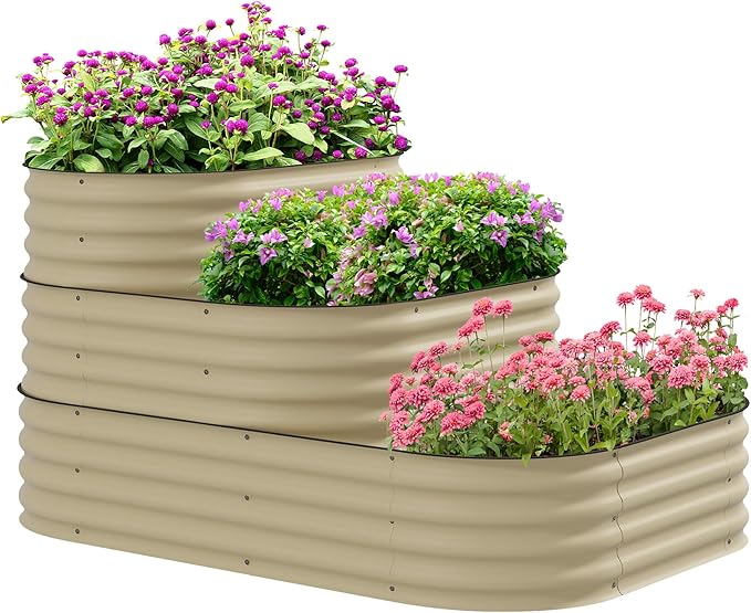 3 Tier Galvanized Steel Raised Garden Bed Kit 62.25 x 43 x 32.25 3 Combining Planter Boxes with Rubber Strip Edging Open Bottom for Backyard Garden Patio Cream White
