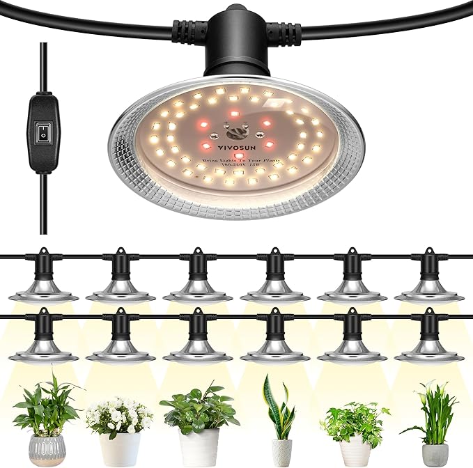 VIVOSUN Outdoor LED Grow Lights Waterproof String Grow Light Full Spectrum Plant Growing Lights with 44Ft Adjustable Cord for Seedling Veg Flower in Greenhouse Garden Backyard Farm (12-Light)