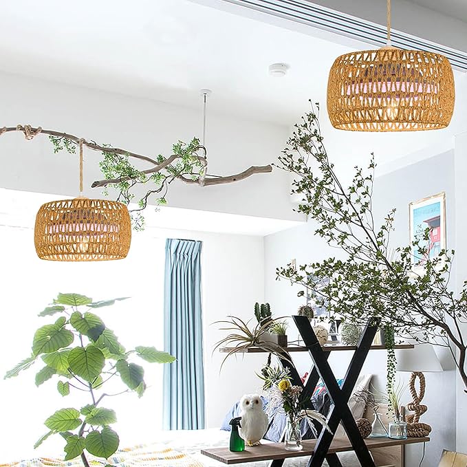 30W Full-Spectrum Lamp with 4W Fan Timer by Remote Control Swag Hanging Boho Plant Growing Light 15ft Plug-in Twine Braiding Cord Dimmable Natural Dome Shade for Indoor Planting Portable