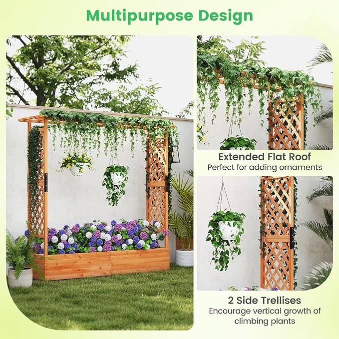Giantex Set of 2 Raised Garden Bed with Trellis &amp Hanging Roof Wood Planter Box with Bottom and Drainage Holes Freestanding Garden Planter for Flower Vegetable Fruit Herb Climbing Vines 77x17