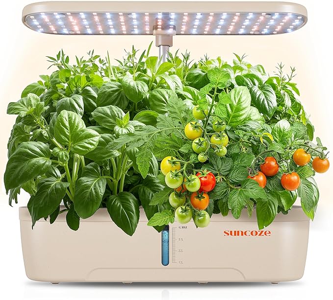 SUNCOZE Hydroponics Growing System Kit 12 Pods Indoor herb Garden with 20W LED Grow Light Visible Water Tank with Pump 2.2-12.4 Adjustable Height Indoor Gardening System Gardening Gifts Beige