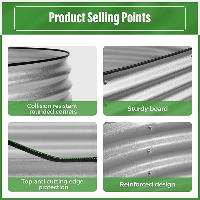 Crownland Outdoor Garden Metal Raised Garden Beds Oval Galvanized Planter Box Rubber Edge Guard for Patio Growning Fresh Vegetables Flowers Herbs and Succulents(4ft*2ft*1ft) Silvery