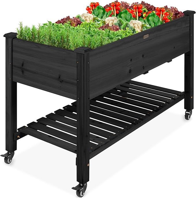 Best Choice Products Raised Garden Bed 48x24x32-inch Mobile Elevated Wood Planter w/Lockable Wheels Storage Shelf Protective Liner - Black