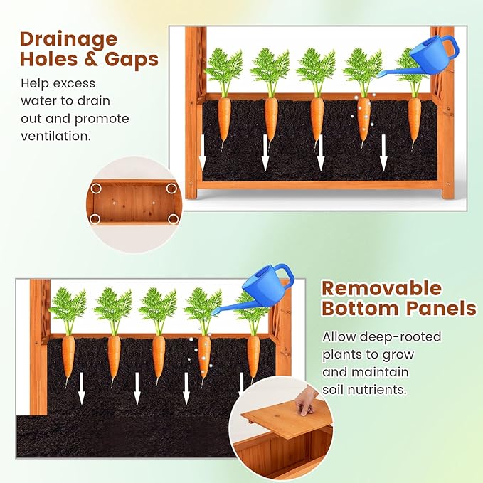 Giantex Set of 2 Raised Garden Bed with Arch Trellis for Climbing Vine Flower Vegetable Wood Planter Box with Liner &amp Drainage Design Outdoor Plant Container for Yard Balcony (33x14x58)