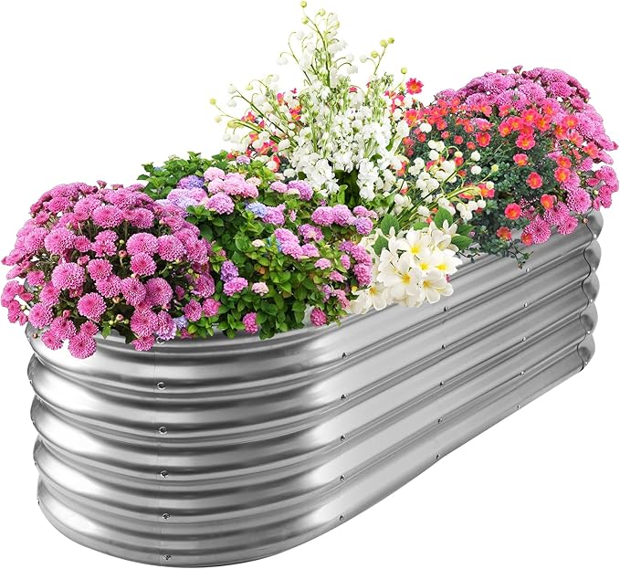 17 Tall Elevated Oval Metal Raised Garden Bed - 5ft x 2ft in Size and 0.8MM Thick Durable Planter Bed/Box for Vegetables Flowers Succulent at Patio/Garden Outdoor (Silver 5X2X1.4 FT)