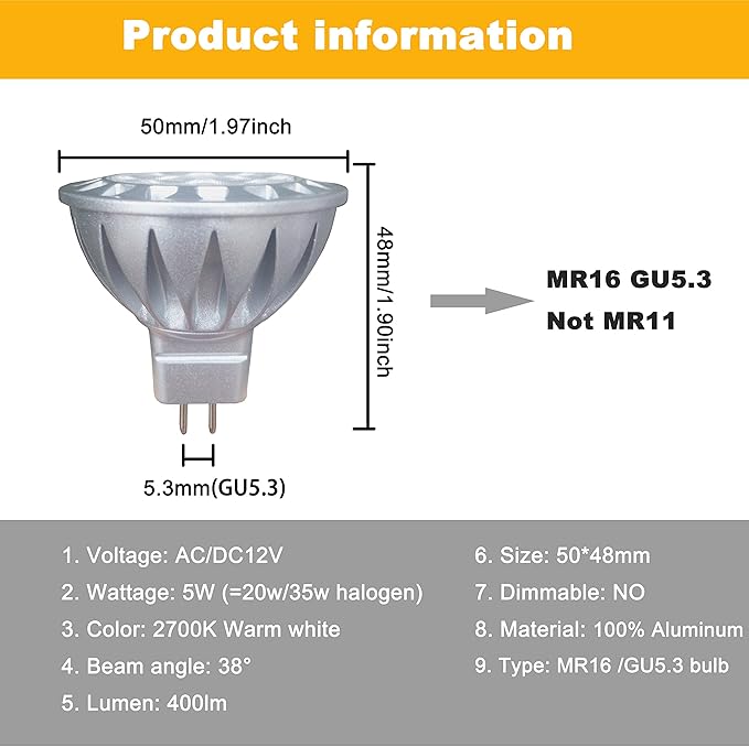 ALIDE MR16 Led Bulbs 5W Replace 20W 35W Halogen Equivalent2700K Soft Warm White12V Low Voltage MR16 GU5.3 Bulb Spotlights for Outdoor Landscape Flood Track LightingNot Dimmable450lm38 Deg6 Pack