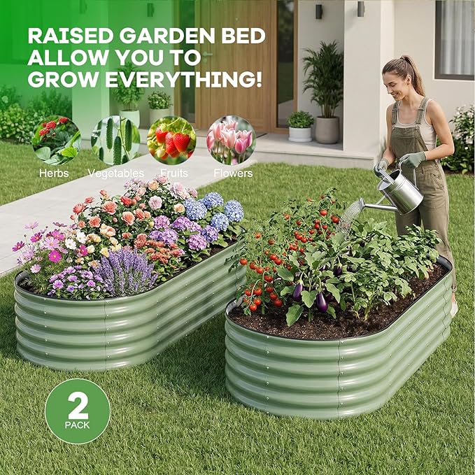 Galvanized Raised Garden Bed Outdoor 6x3x1.4ft Oval Metal Raised Beds for Gardening Rust-Resistant Garden Planter Box for Planting Vegetables Flowers Fruits in Lawn(Olive Green 2 Packs)