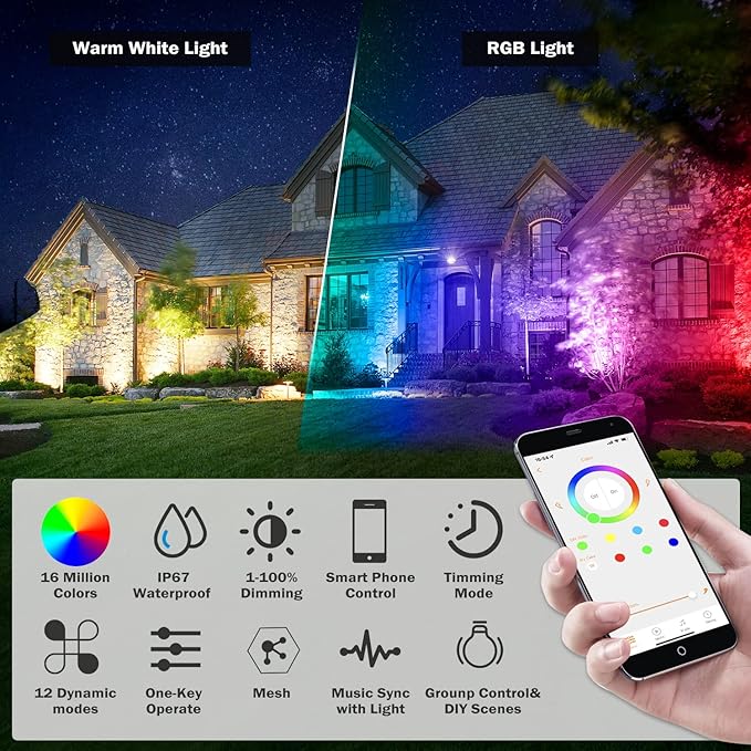 Smart Outdoor Lights 15W Halloween Spotlights with US Plug 12V APP Control Waterproof Dimmable with Timer
