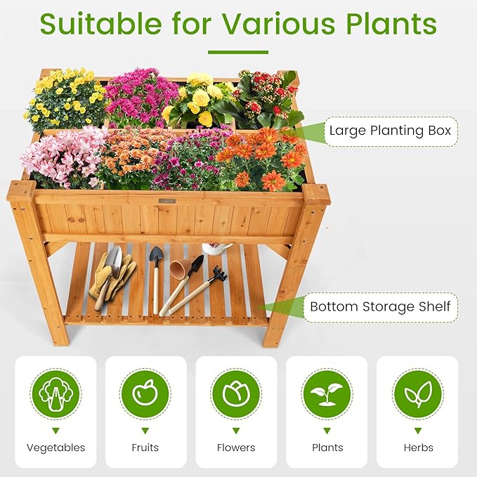 S AFSTAR Raised Garden Bed with Legs Wooden Elevated Planter Box with 8 Grids Divider &amp Protective Liner 35.5x24x36in Standing Garden Planter Bed for Vegetables Flowers Herbs on Deck Patio Backy