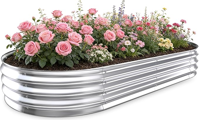 Galvanized Raised Garden Bed Outdoor 8x4x1ft Metal Heavy Duty Planter Boxes for Gardening Easy Assemble Large Oval Plant Container Kit for Vegetables Flowers Fruits Silver 1 Pack