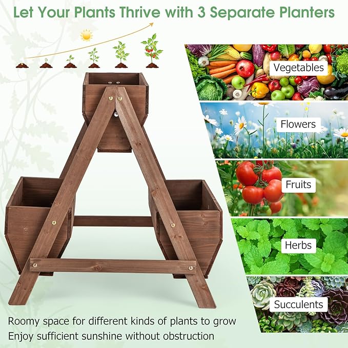 Giantex Vertical Raised Garden Bed 3 Wood Planter Boxes for Flower Vegetable Fruit Herb Freestanding Garden Planter with Drain Holes Elevated Raised Beds for Indoor Outdoor Lawn Patio Yard Brown