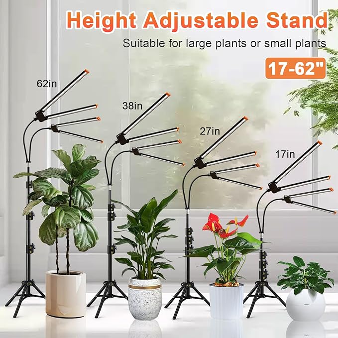 Plant Grow Light with StandSuper Bright 6000K White Full Spectrum Floor Growing Lamp with Rotatable Dual Light Head &amp Height Adjustable 17-62 for Indoor Tall Plants Dimmable &amp Auto Timer 4/