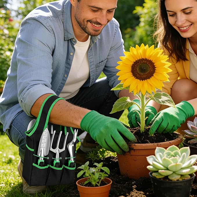8-Piece Garden Tool Set with Storage Bag Heavy Duty Stainless Steel Gardening Tools Non-Slip Handles Includes Pruner Trowel Cultivator Weeder Gloves Green