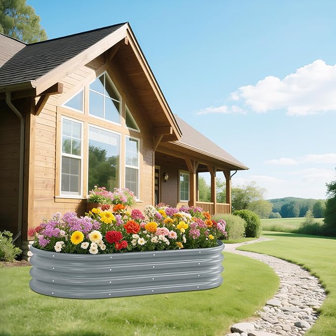 Galvanized Raised Garden Bed Kit Galvanized Planter Raised Garden Boxes Outdoor Oval Metal Raised Garden Beds for Vegetables (Gray)