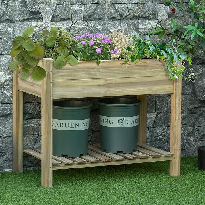 36 x 20 x 30 Raised Garden Bed Elevated Wood Planter Box with Legs and Storage Shelf for Backyard Patio Balcony to Grow Vegetables Herbs and Flowers