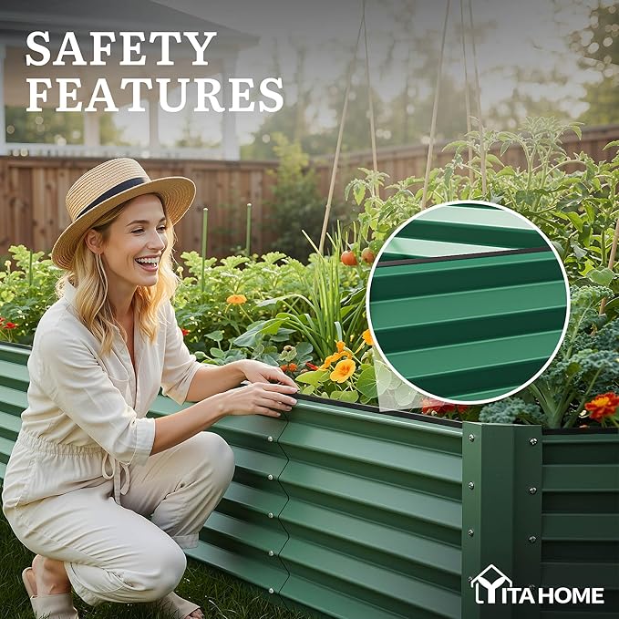 YITAHOME 8x4x1.5 ft Galvanized Raised Garden Bed Kit Large Metal Planter Box with Gloves Safety Rubber &amp Support Rod Outdoor Flower Bed for Plants Vegetables Green