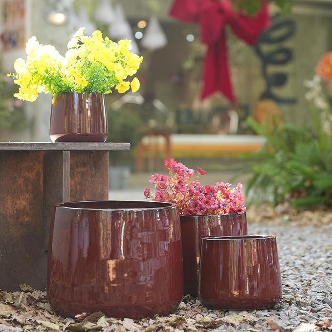 Handmade Ceramic Flower Pot Set of 4 791114 Inch Diameter Deep Red Speckled Glaze for All Flowers IndoorOutdoor Use on Windowsill Bookshelf Breathable Clay
