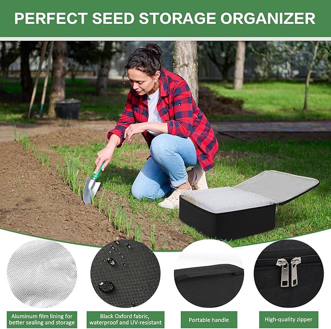 26 Slots Seed Storage Organizer Box with Insulated Bag That Holds 80-200 Seed Envelopes Oxford Cloth Garden Seed Containers with Labels Seed Packet Organizer for Plant Flower Vegetable Seeds