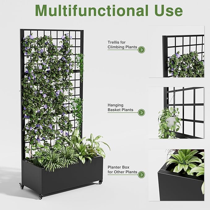Casaphoria Metal Raised Garden Bed with Trellis and Wheels 72x35x16 Planter Box for Climbing Plants Vegetables &amp Vines Features Drainage Holes and Privacy Screen (Black-Grid)