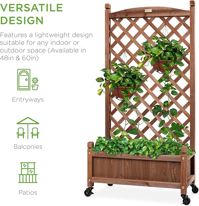 Best Choice Products 48in Wood Planter Box &amp Diamond Lattice Trellis Mobile Outdoor Raised Garden Bed for Climbing Plants w/Drainage Holes Optional Wheels - Walnut
