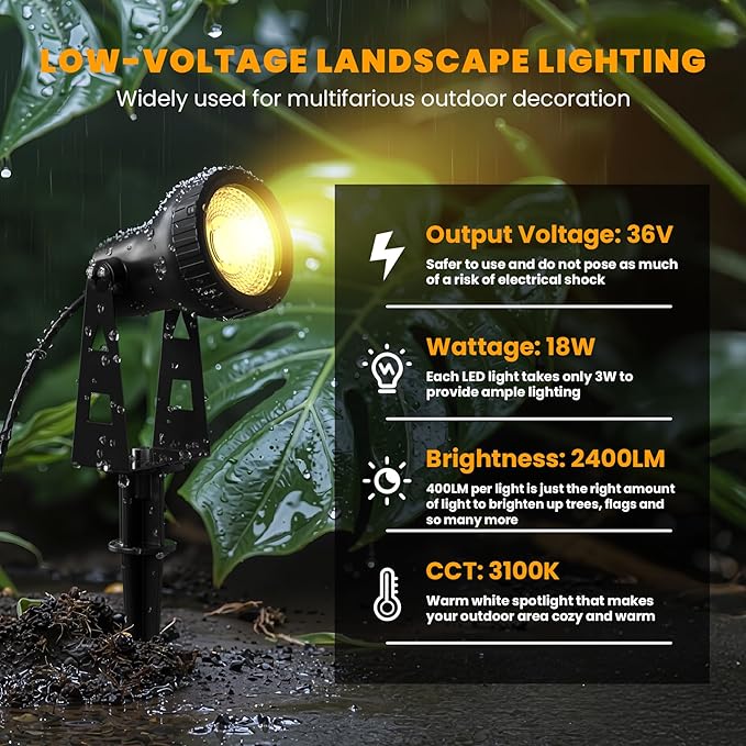 Outdoor Landscape Lighting 6-Pack Outdoor Spot Lights with Transformer Plug in LED Spot Lights for Garden Yard Backyard Plants Lawn Trees House Flags IP65 Waterproof – Warm White