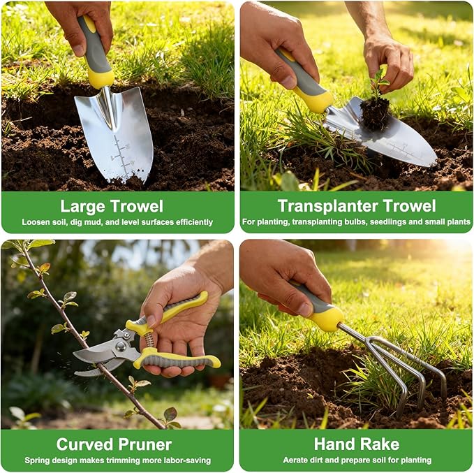 Yesker Gardening Tools 10-Piece Heavy Duty Garden Tool Set Gardening Supplies Gifts for Women Men Gardening Hand Tool Kit w Non-Slip Ergonomic Handle Garden Bag Durable Gloves Pruning Shears Gray