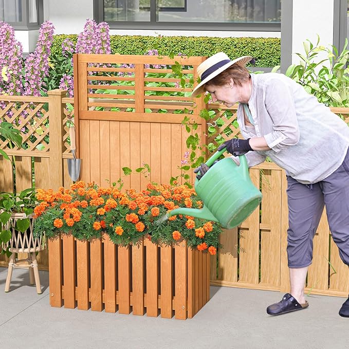 HAPPYGRILL Raised Garden Bed Wooden Planter w/Trellis &amp Privacy Screen for Hanging Pot Plants Outdoor Elevated Planter Box w/Slatted Bottom &amp 2 Side Hooks for Balcony Patio Garden (1)
