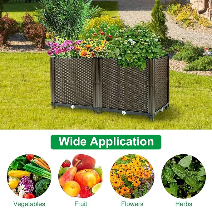 Large Planters for Outdoor Plants Raised Beds for Gardening Self Watering Elevated Rectangular Garden Box Kits for Vegetables Flowers and Herbs in Patio Backyard Balcony 24L x 12W x 14H