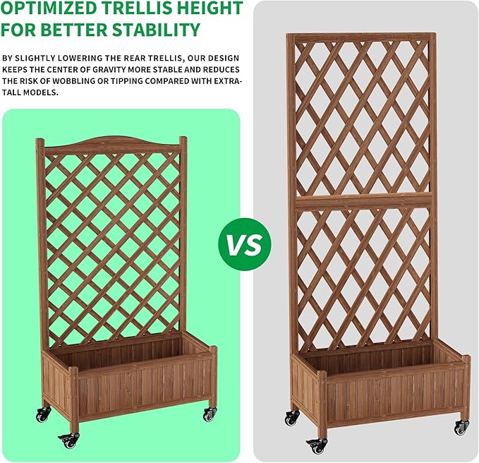 Upgraded 2-Pack 50 Tall Trellis Planter Box with Wheels 49.8H × 27.6W × 13.0D Solid Fir Wood Raised Garden Bed &amp Lattice Privacy Screen Rolling Planter with Drainage for Patio/Garden
