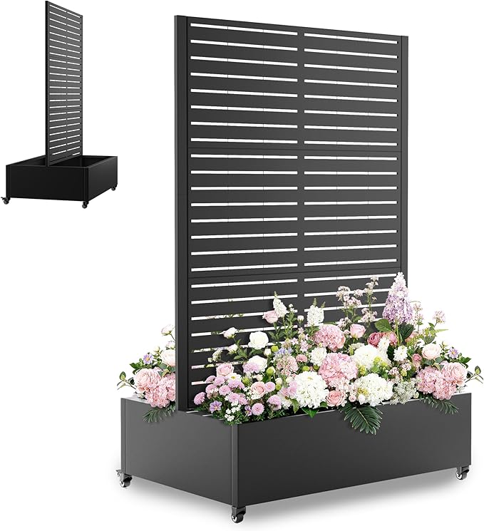 Metal Trellis Planter Box with Wheels Standing Privacy Planters for Patio Garden Boxes with Trellis for Climbing Plants (35 L×24 W×71 H Black)