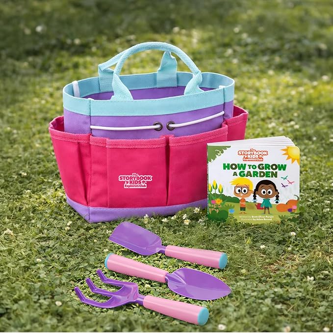 Pink Kids Gardening Tools - Includes Sturdy Tote Bag Watering Can Gloves Shovels Garden Stakes and a Delightful Children's Book How to Garden Tale - Kids Garden Tool Set for Toddler Age on up.