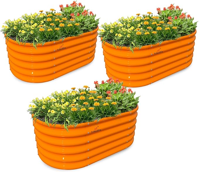 A ANLEOLIFE Kids Mini Raised Garden Beds Outdoor (3-Pack)-40x24x18in Oval Round Galvanized Metal Planter Box for Planting Vegetables Flowers Fruits Eco-Safe &amp Easy Setup Peach Orange