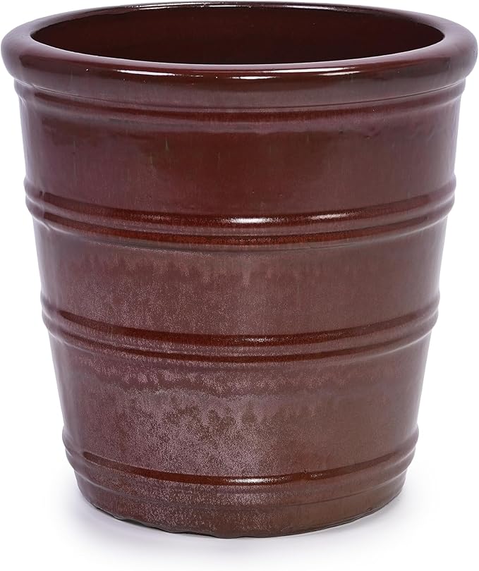 Handmade Glazed Ceramic Planter Set of 3 161310 Inch Diameter Horizontal Rib Design for Monstera and Fiddle Leaf Fig Outdoor G Indoor Staircase Use Breathable Clay Deep Brown