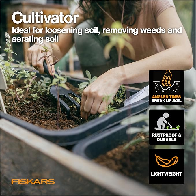 Fiskars House Plant Starter Tool Gift Set with Bypass Pruner Trowel Cultivator and L/XL Garden Gloves Accessories for Indoor Gardening (4 Piece Kit)