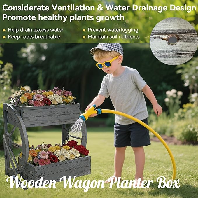 Wooden Wagon Garden Planter Box with Wheels-Indoor/Outdoor Decor for Patio Backyard Balcony-Country Farmhouse Flower Box-2 Tier Rustic Garden Raised Bed for Flowers Herbs Vegetables