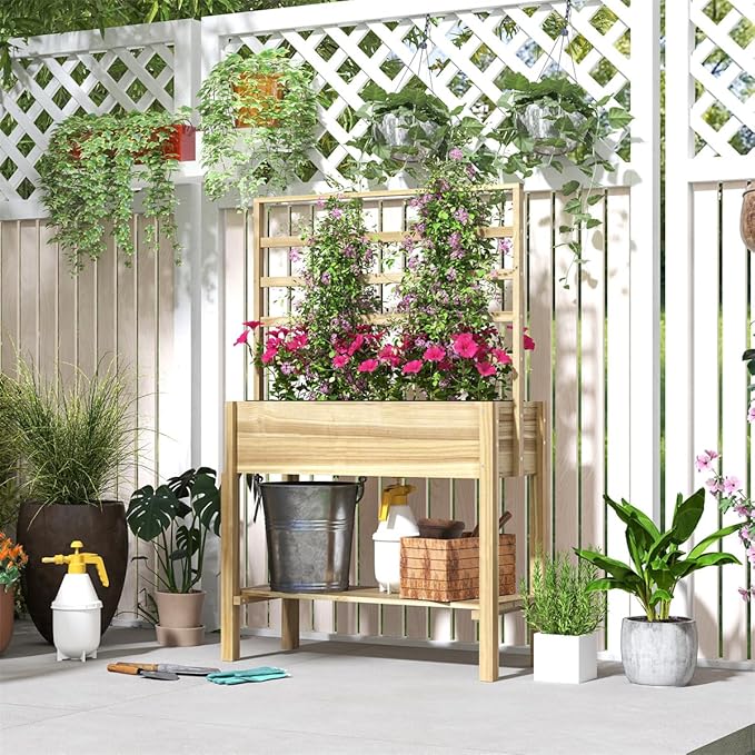 Raised Garden Planter Outdoor Garden Raised Bed Vegetable Flower Planter Raised Stand for Garden Grow Your Own Herb GardenRaised Garden Bed Outdoor Planter Box &amp Plant Stand with Climbing Rack