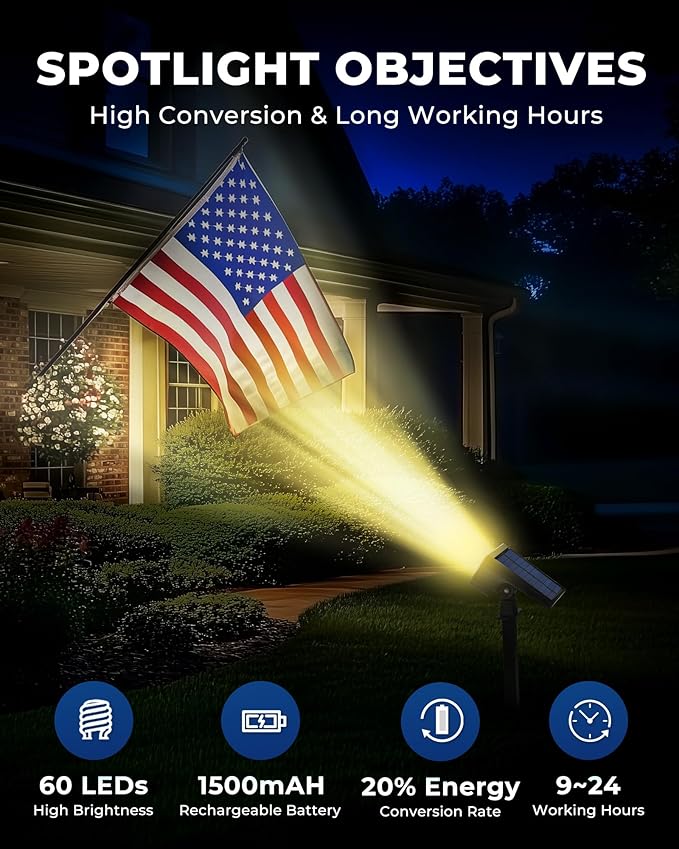 HGGH Solar Lights Outdoor Waterproof IP67 60 LED 3 Lighting Modes Solar Spot Lights Outdoor for Yard Garden Pathway Landscape Auto On/Off Function 2 in 1(Warm White 4 Pack)