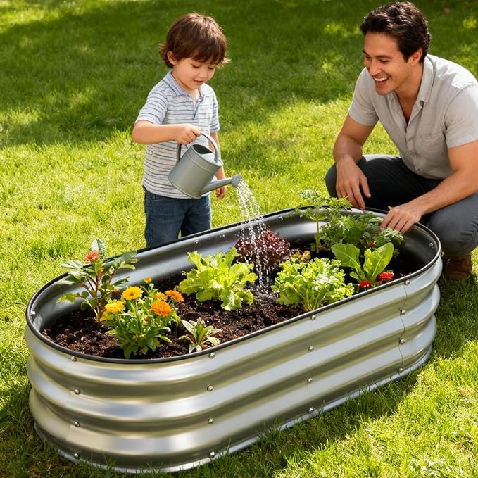 2 Pack 4x2x1FT Galvanized Raised Garden BedsRaised Garden Bed with Safety Edging and GlovesOval Metal Planter Box for Gardening Vegetables Flowers Herb-Silver