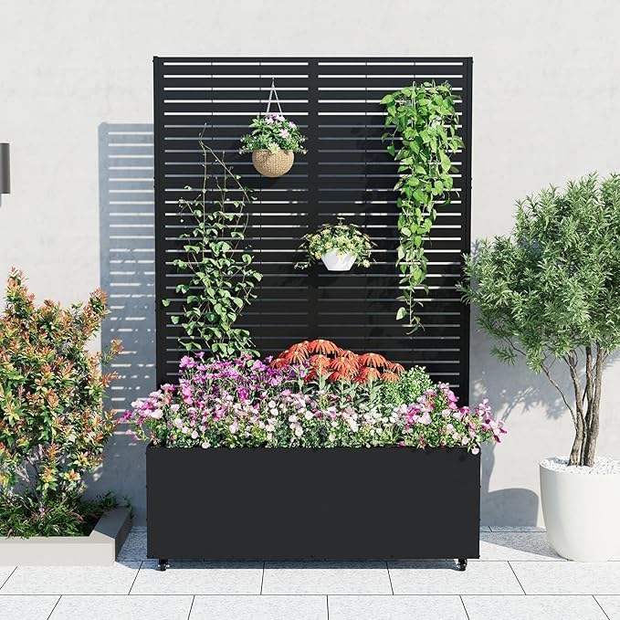 Garvee Metal Raised Garden Bed with Trellis and Wheels 71x47x16 Metal Planter Box with Trellis Privacy Screen for Climbing Plants Vegetable Vines Drainage Holes 15.8 Deep Planting BedBlack